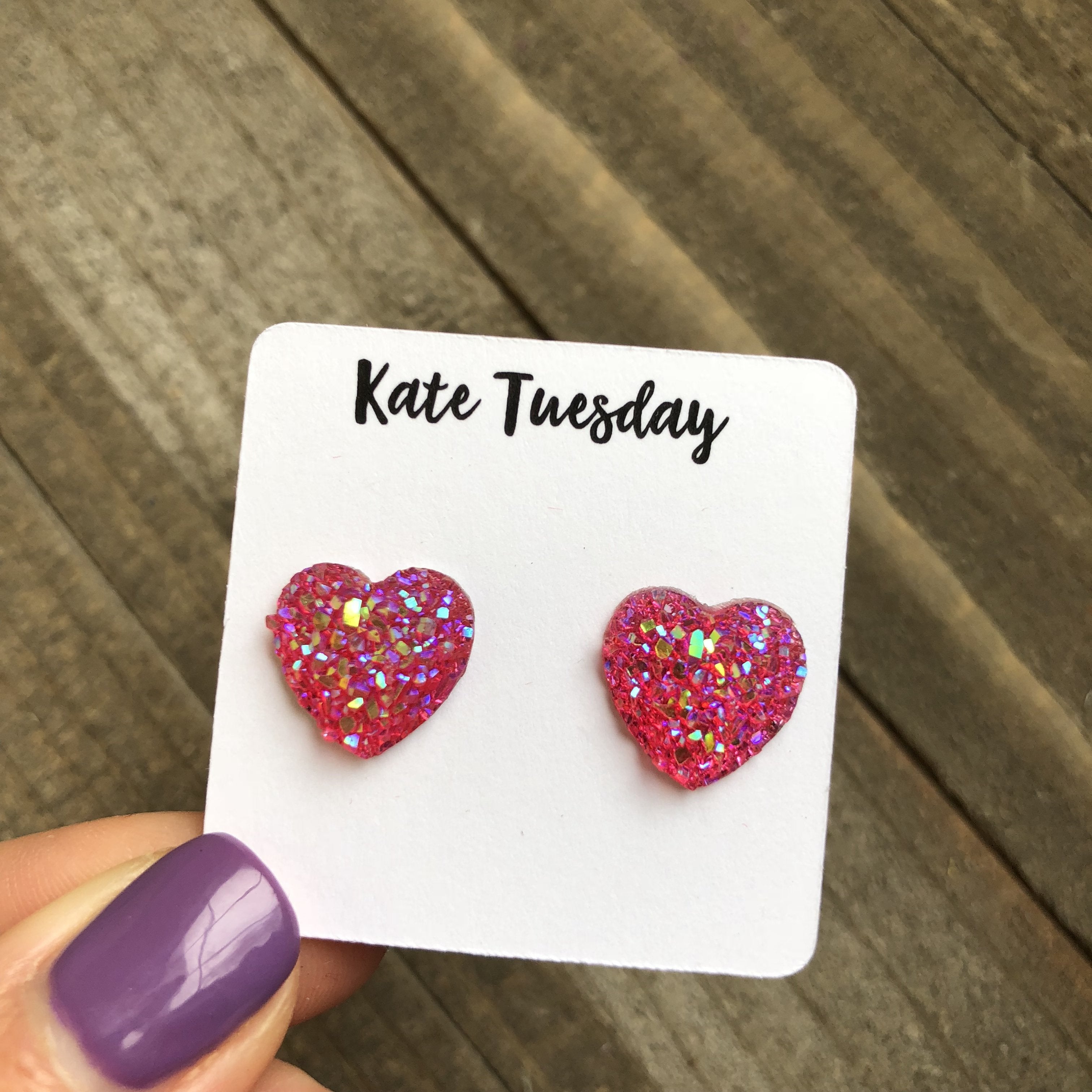 Druzy Mid Pink Heart Earrings | Olive Felix