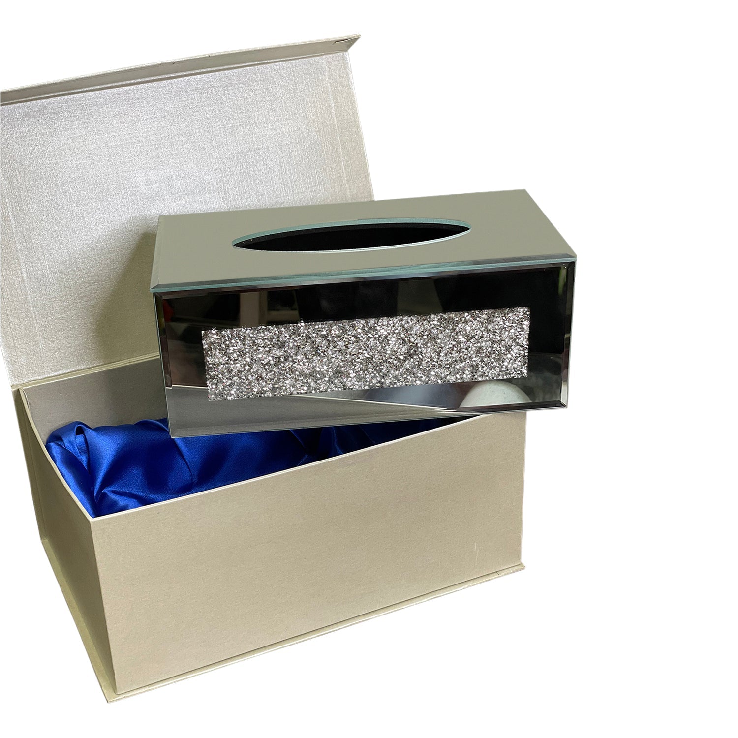 Mirrored Tissue Holder in Gift Box in Gift Box, Silver Crushed Diamond