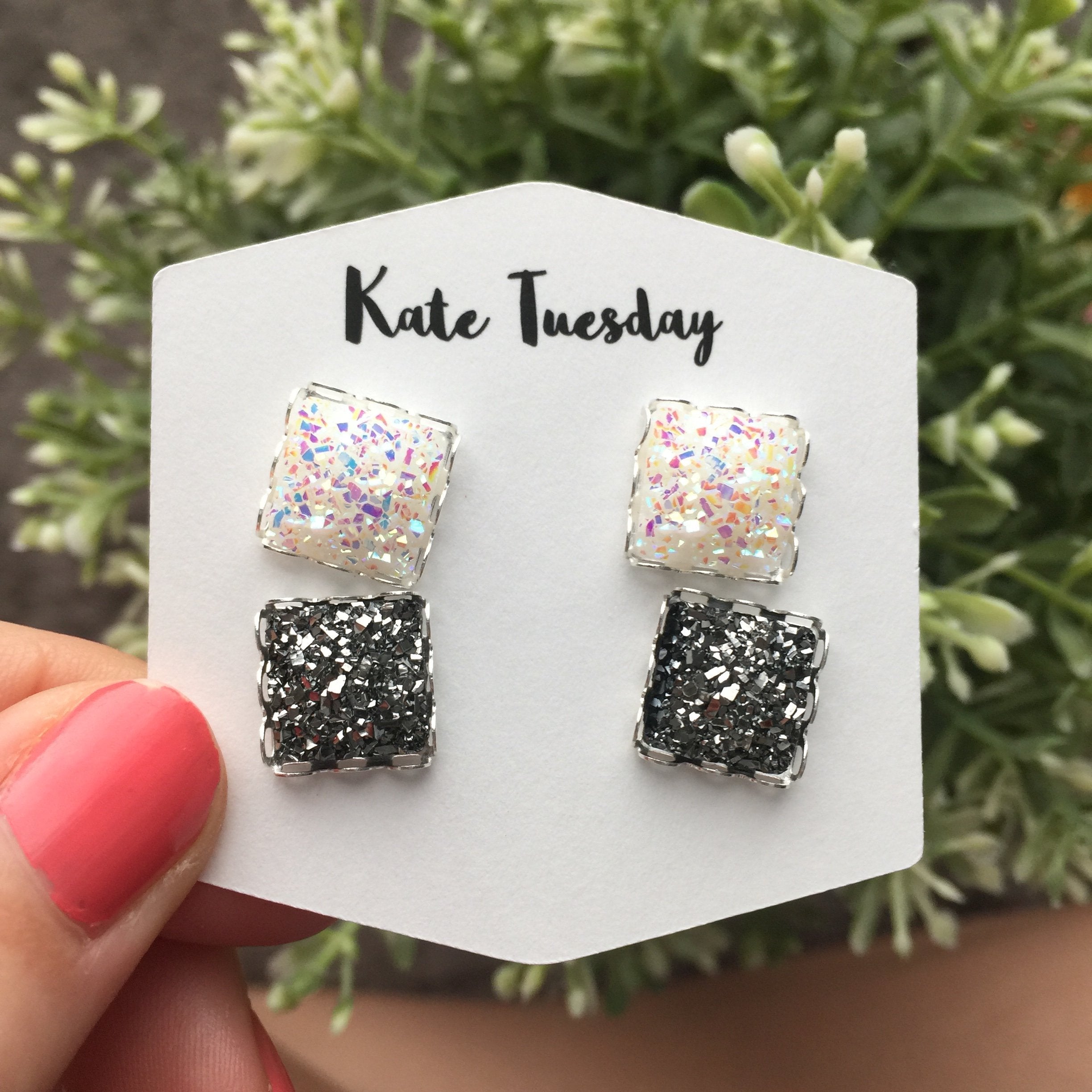 Double White + Charcoal Druzy Earrings