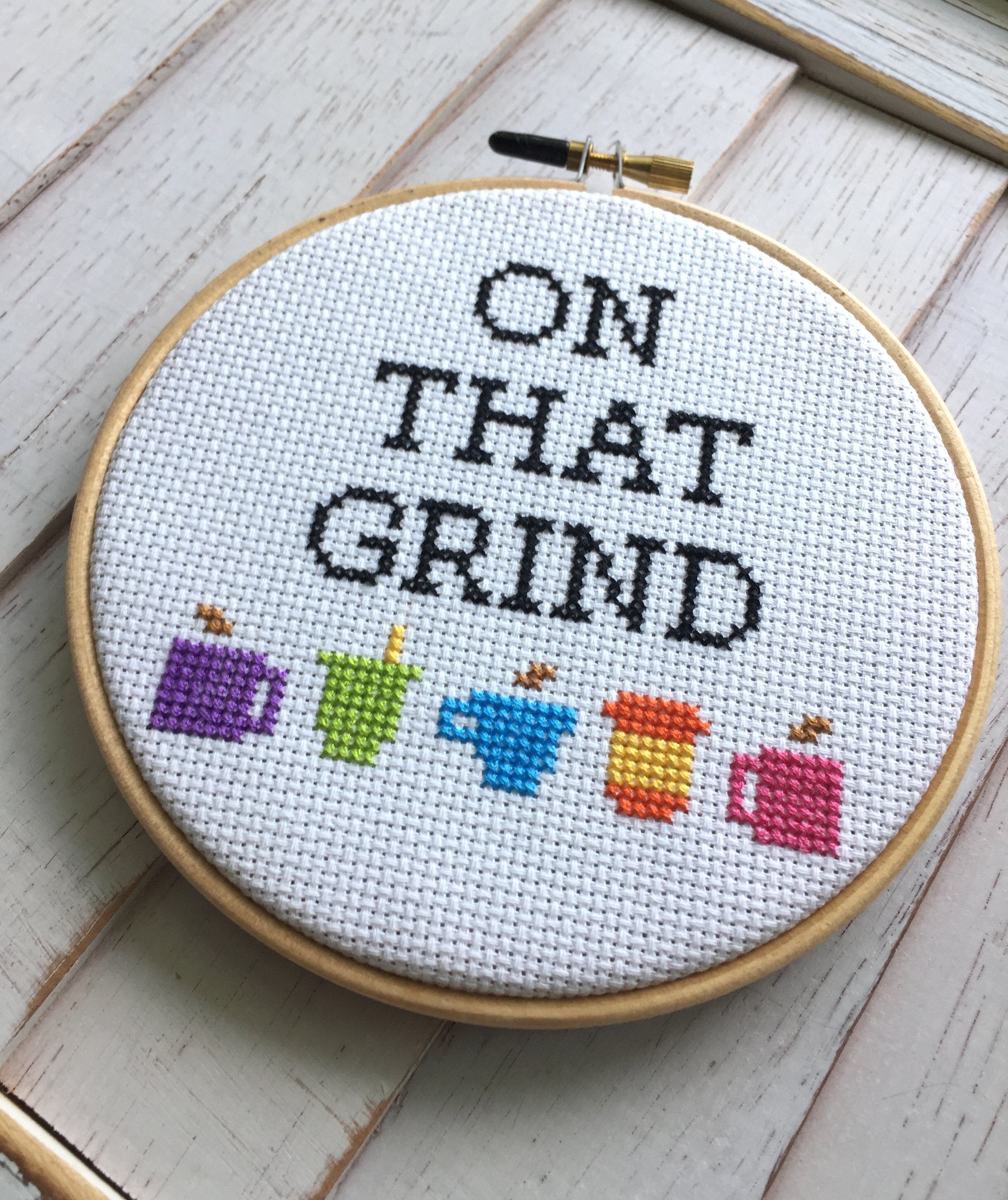 On That Grind Coffee Counted Cross Stitch DIY KIT Intermediate | Orange Poseidon