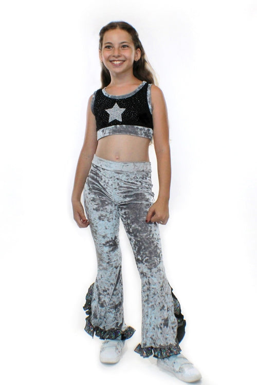 Eve, silver crushed velvet and glitter flared Pants