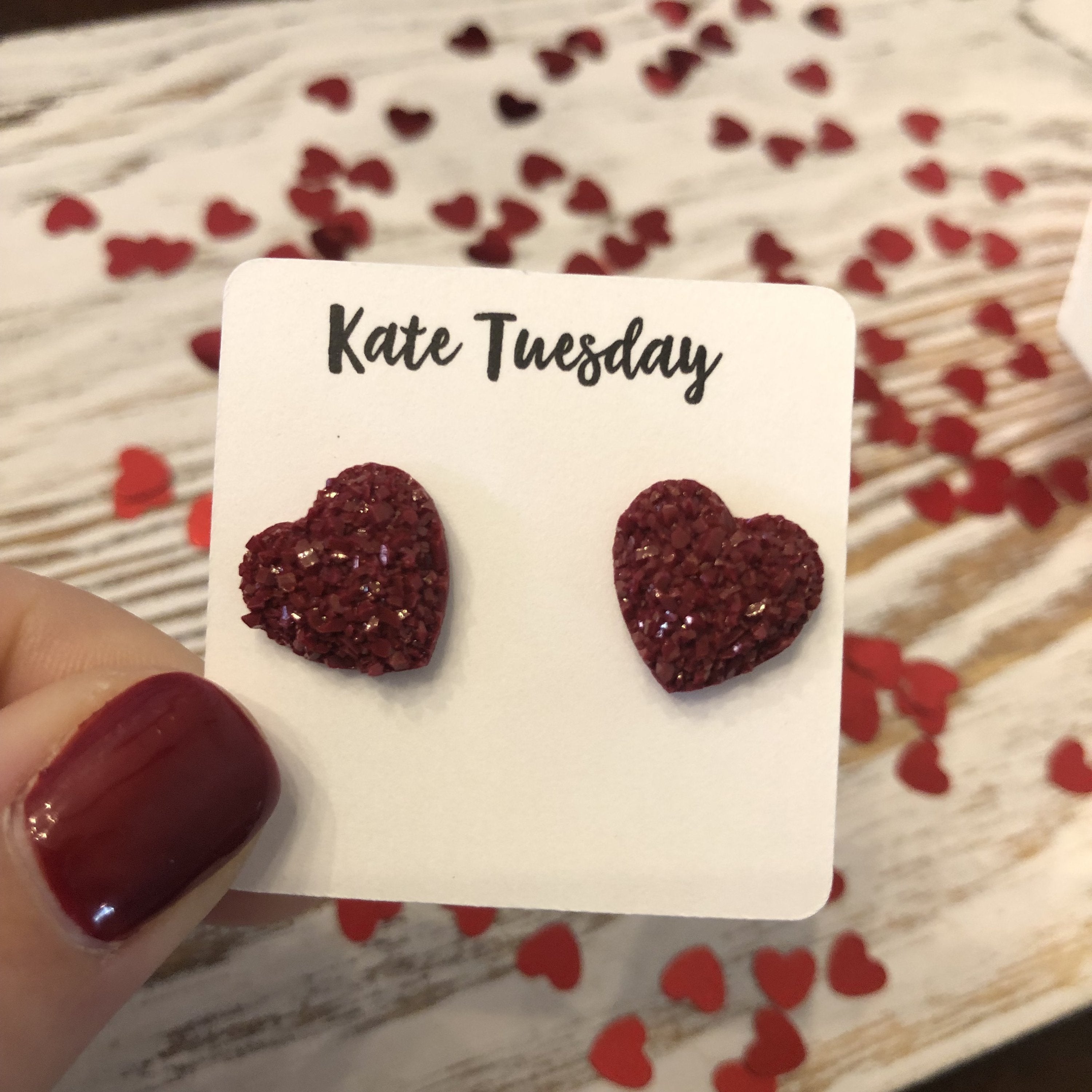 Red Druzy Heart Stud Earrings