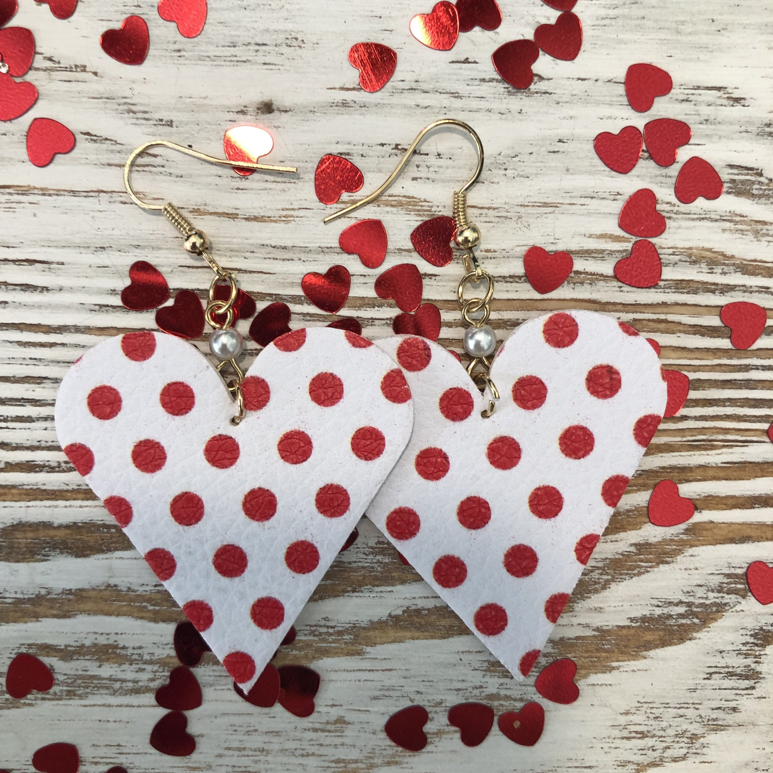 Red White Polka Dot Mini Heart Leather Pearl Earrings