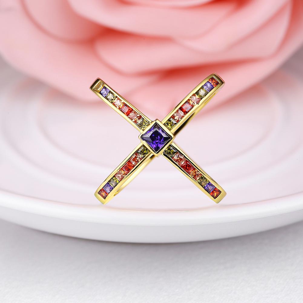 18K Gold Plated Multi-Color 'X' Ring made with  Crystals