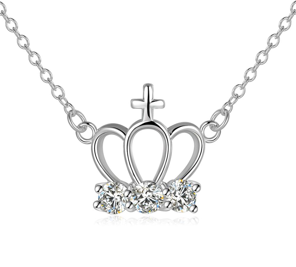 White Topaz Cross Crown Necklace in 18K White Gold Plated with