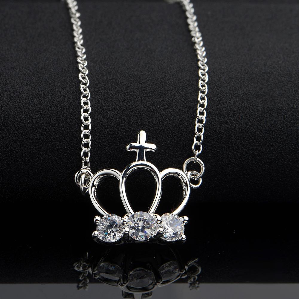 White Topaz Cross Crown Necklace in 18K White Gold Plated with