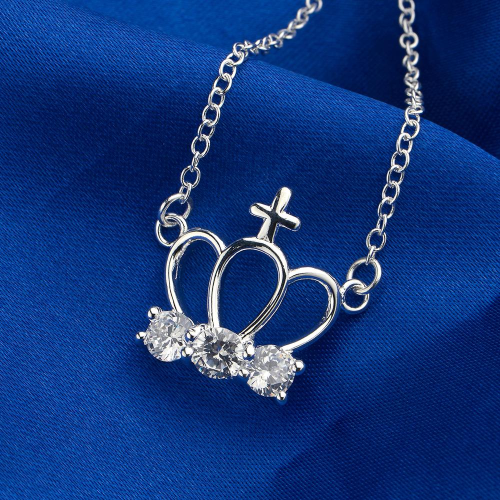 White Topaz Cross Crown Necklace in 18K White Gold Plated with