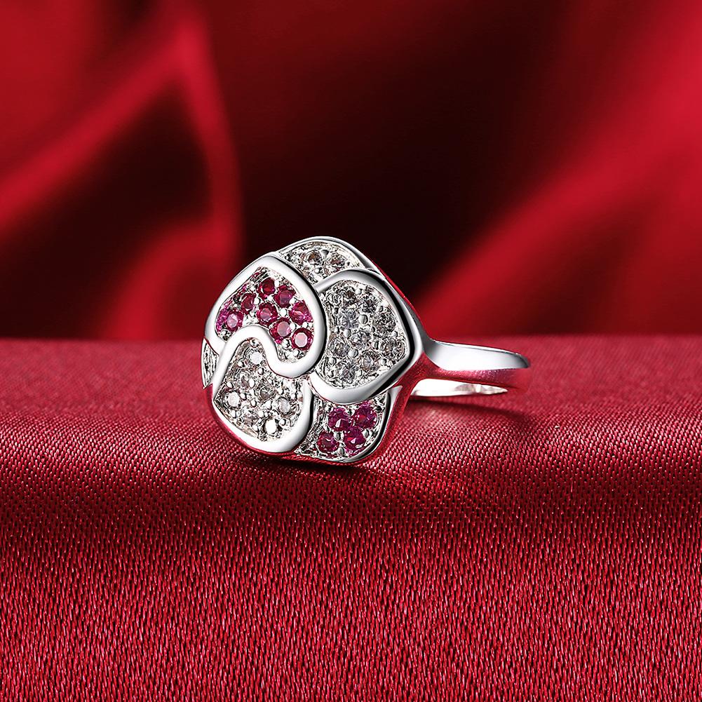 Silver Plating Pink & White  Curved Floral Statement Ring