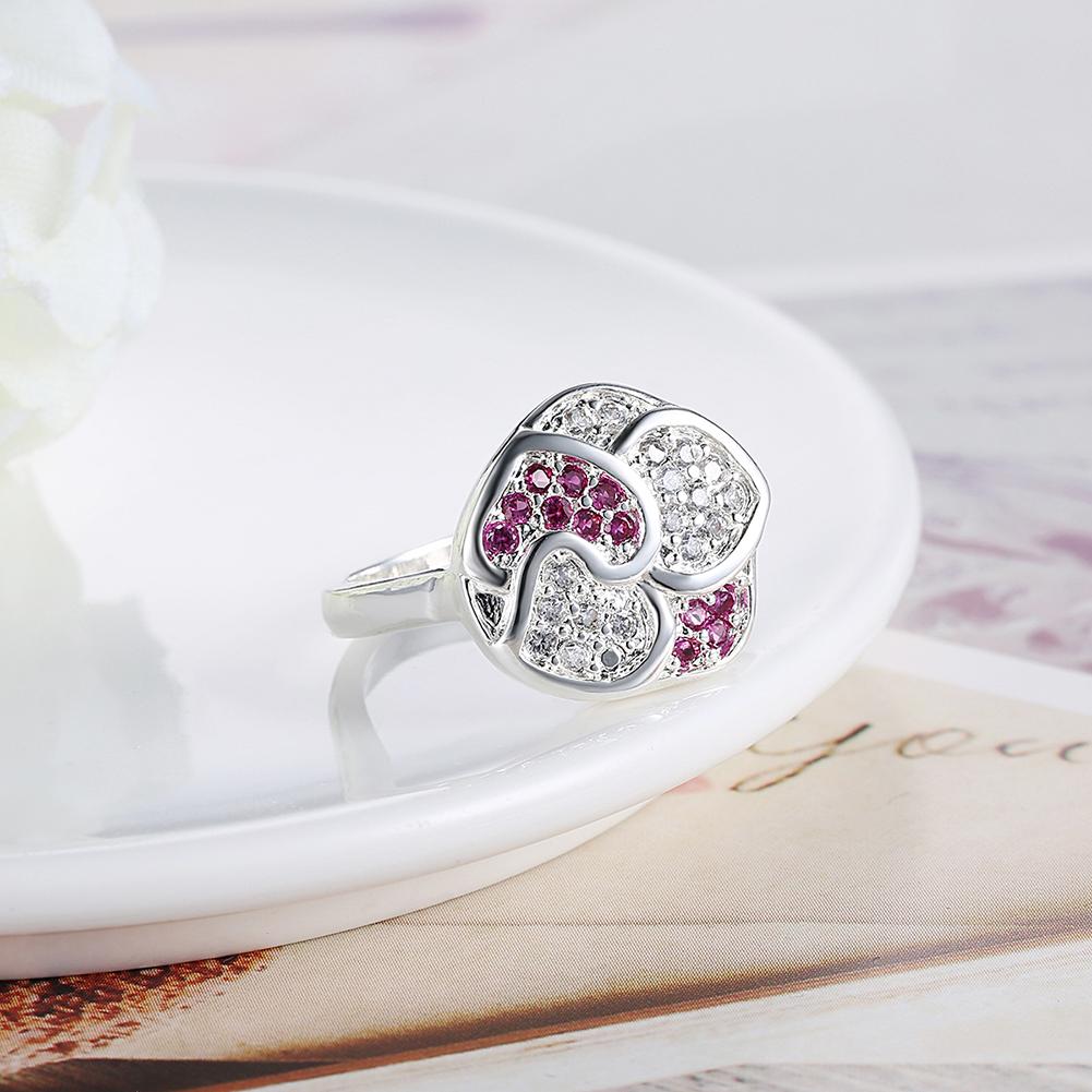 Silver Plating Pink & White  Curved Floral Statement Ring