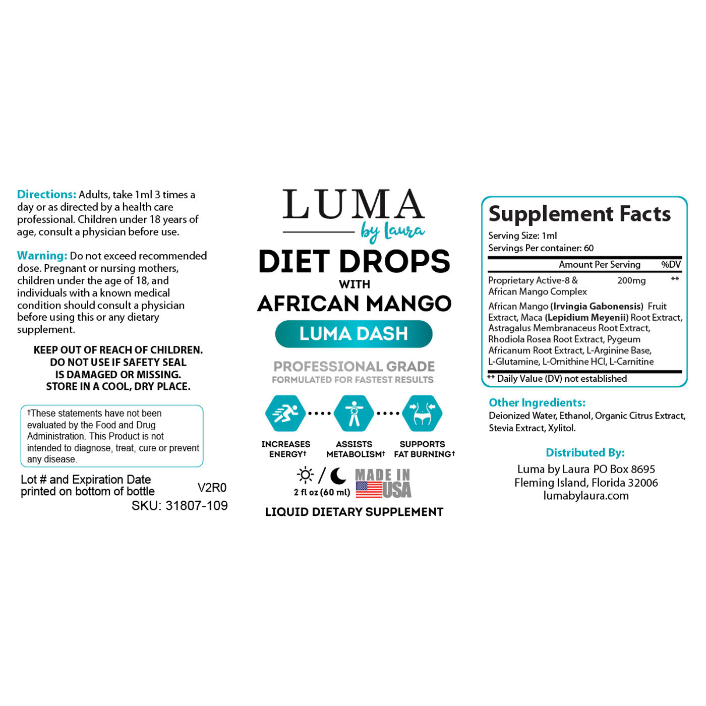 Luma Dash Diet Drops and Appetite Suppressant for Women and Men - 60