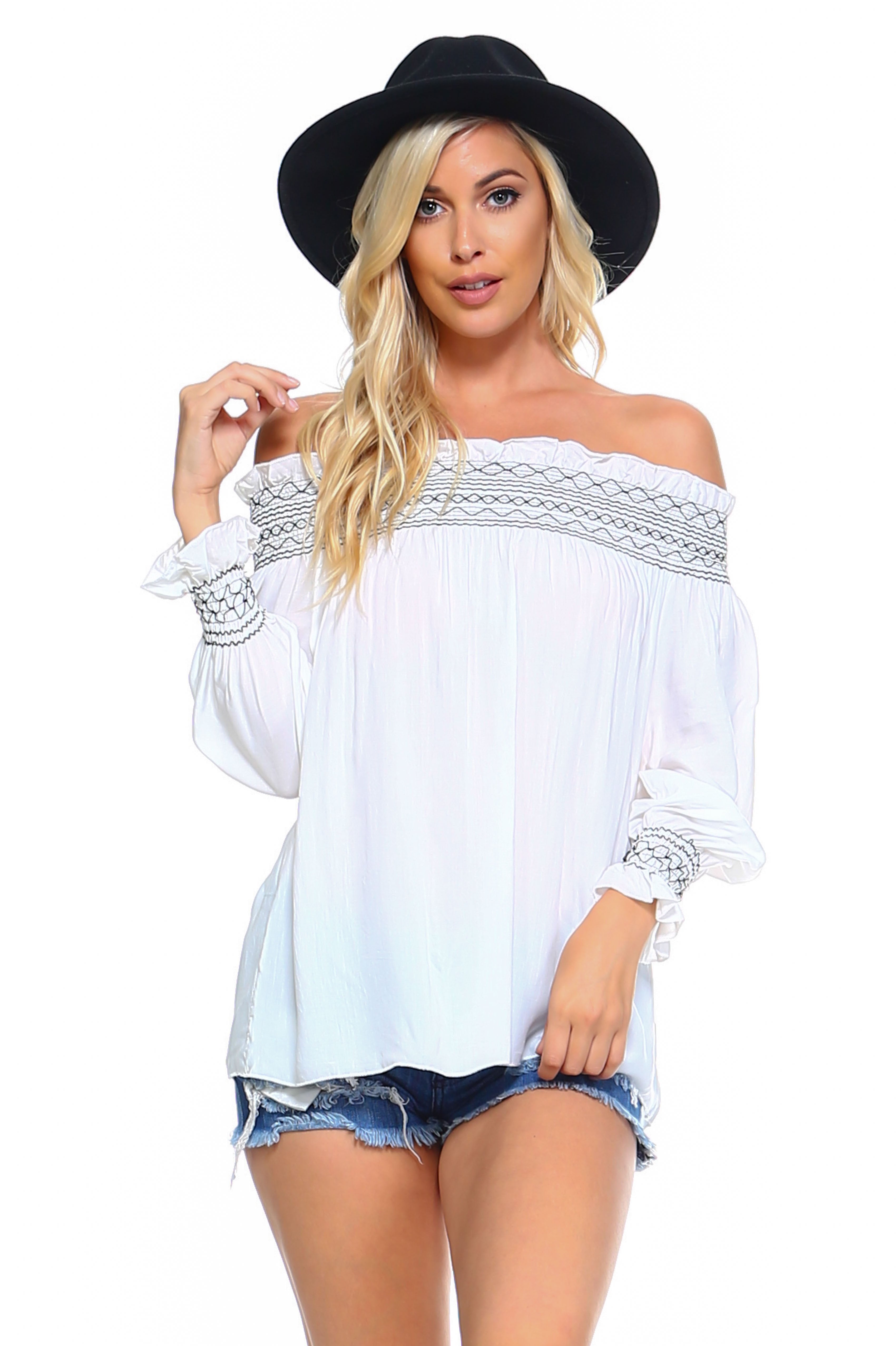 Women's Off Shoulder Stripe Smocked Elastic Top | Ivory Felix