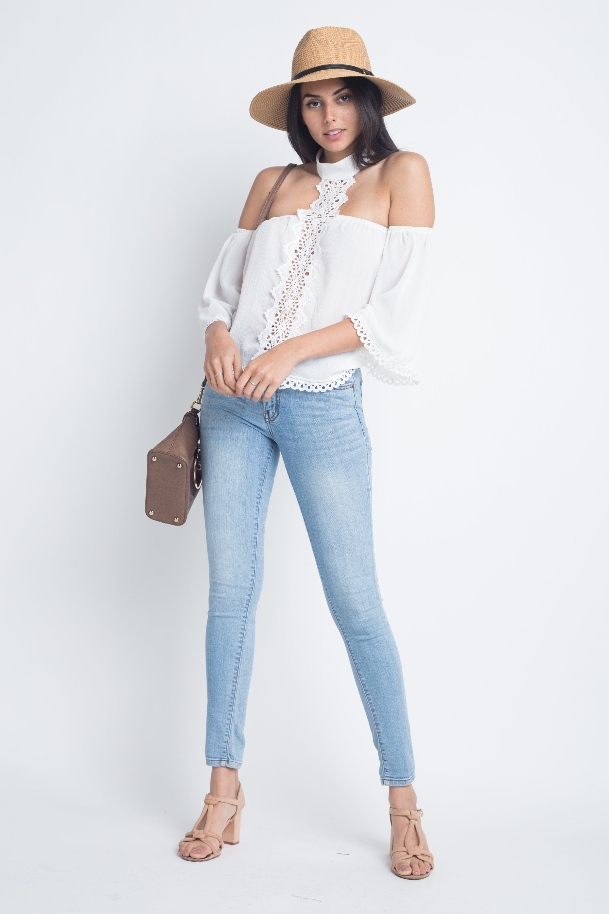 Women's High Neck Long Sleeve Crochet Top | Ivory Felix