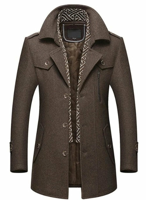 Mens Layered Collar Button Front Mid Length Coat