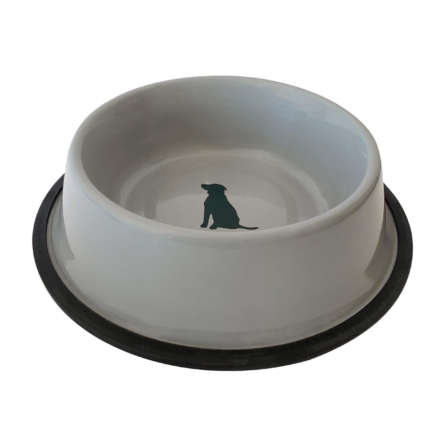 Non Skid Cool Gray Stainless Steel Bowl with Teal Dog Design | Amber Blackberry