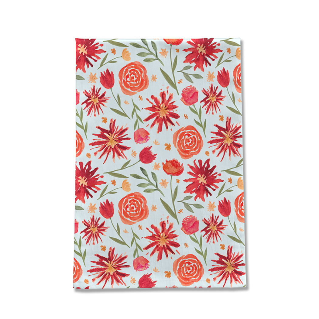 Red Flower Burst Tea Towel