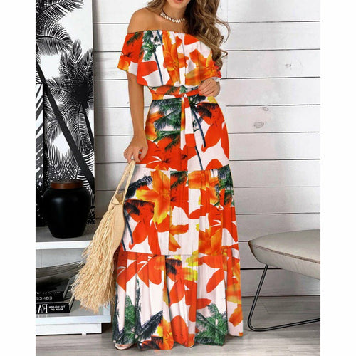 Summer Floral Off-shoulder Maxi Dress with Ruffled Hem and Straps