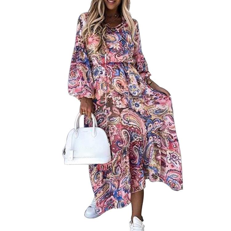 2021 Autumn Lantern Long Sleeve Floral Print Dress Women