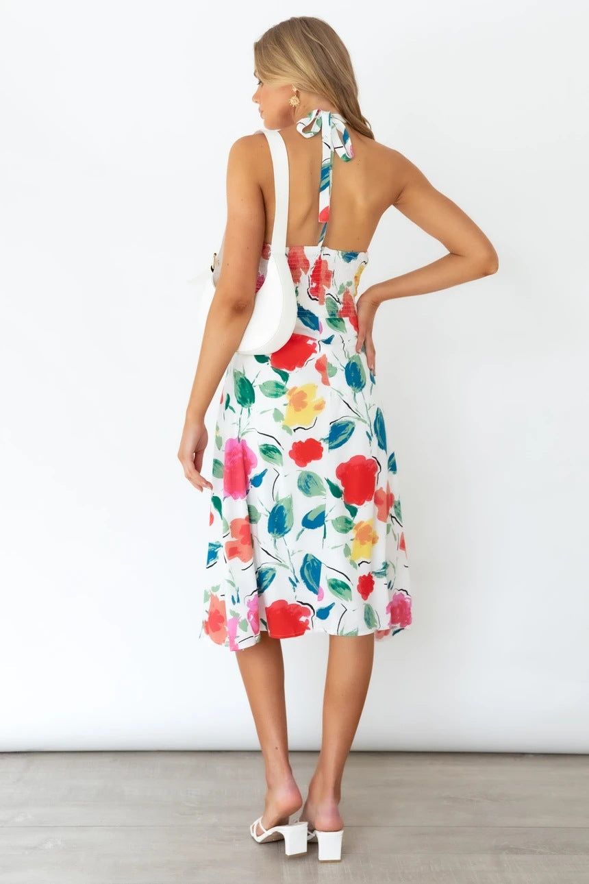 Floral Strap Sleeveless V Neck A line Swing Casual Dress