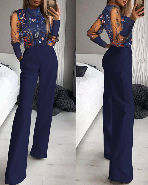 Sheer Mesh Floral Long Sleeve Patchwork Jumpsuit