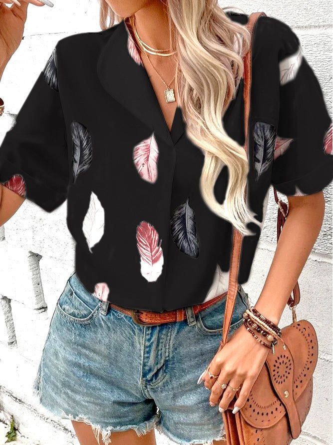 Printed feather shirt Short sleeve shirt