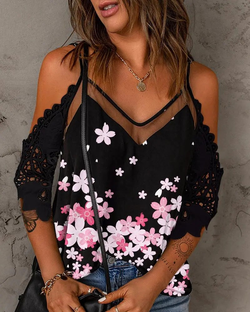 Women's Printed V-Neck Lace Trim Camisole Top