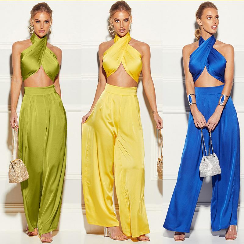 Women's  Sleeveless Crop Top Wide Pants Set 2 Piece Outfits Jumpsuits