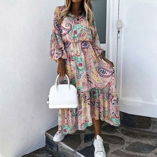 2021 Autumn Lantern Long Sleeve Floral Print Dress Women