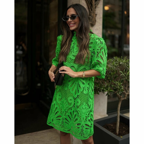 Loose Fit Stand Collar Mid-sleeve Casual Lace Dress