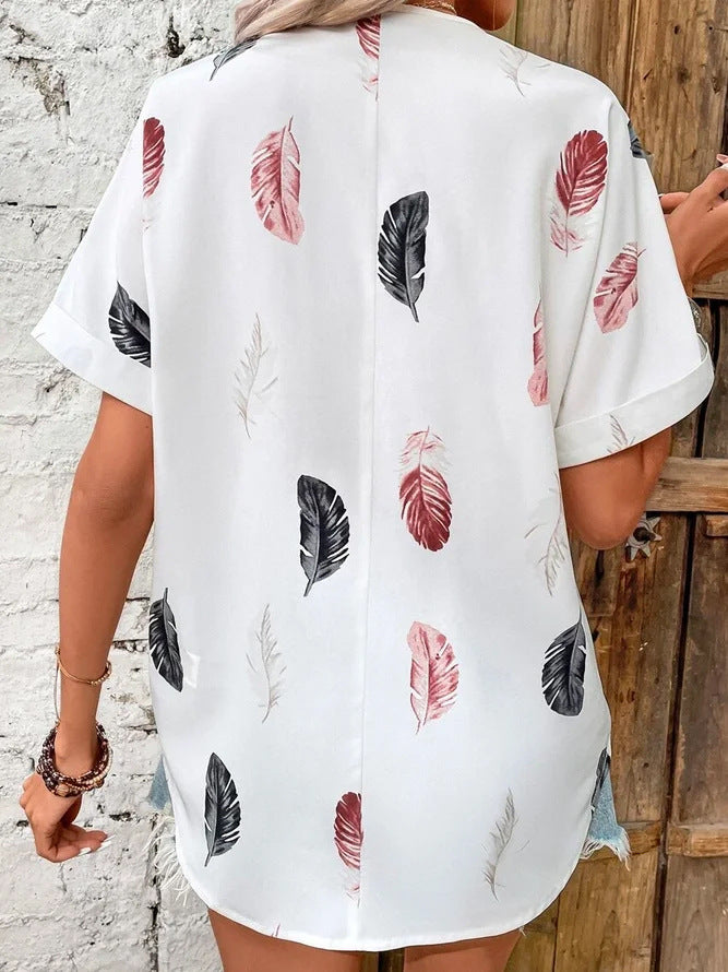 Printed feather shirt Short sleeve shirt