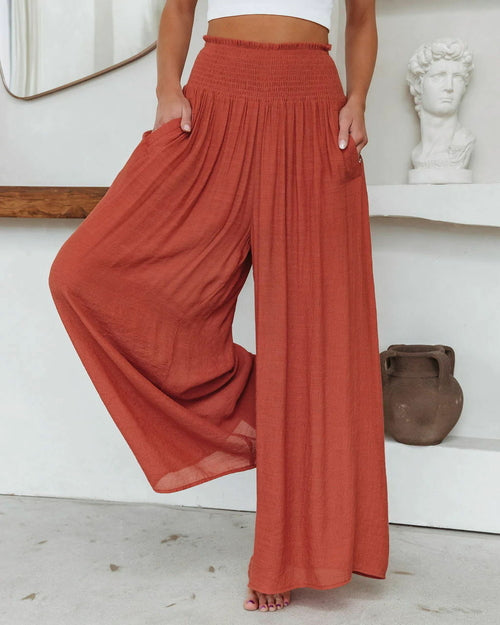 Loose Cotton Wide-Leg Pants with Elastic Waistband and Pockets