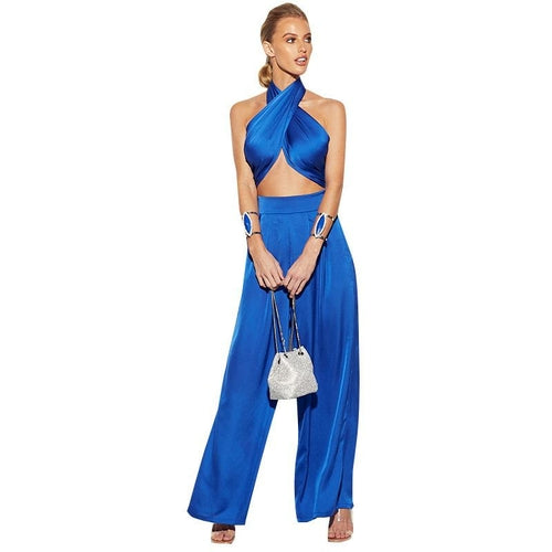 Women's  Sleeveless Crop Top Wide Pants Set 2 Piece Outfits Jumpsuits