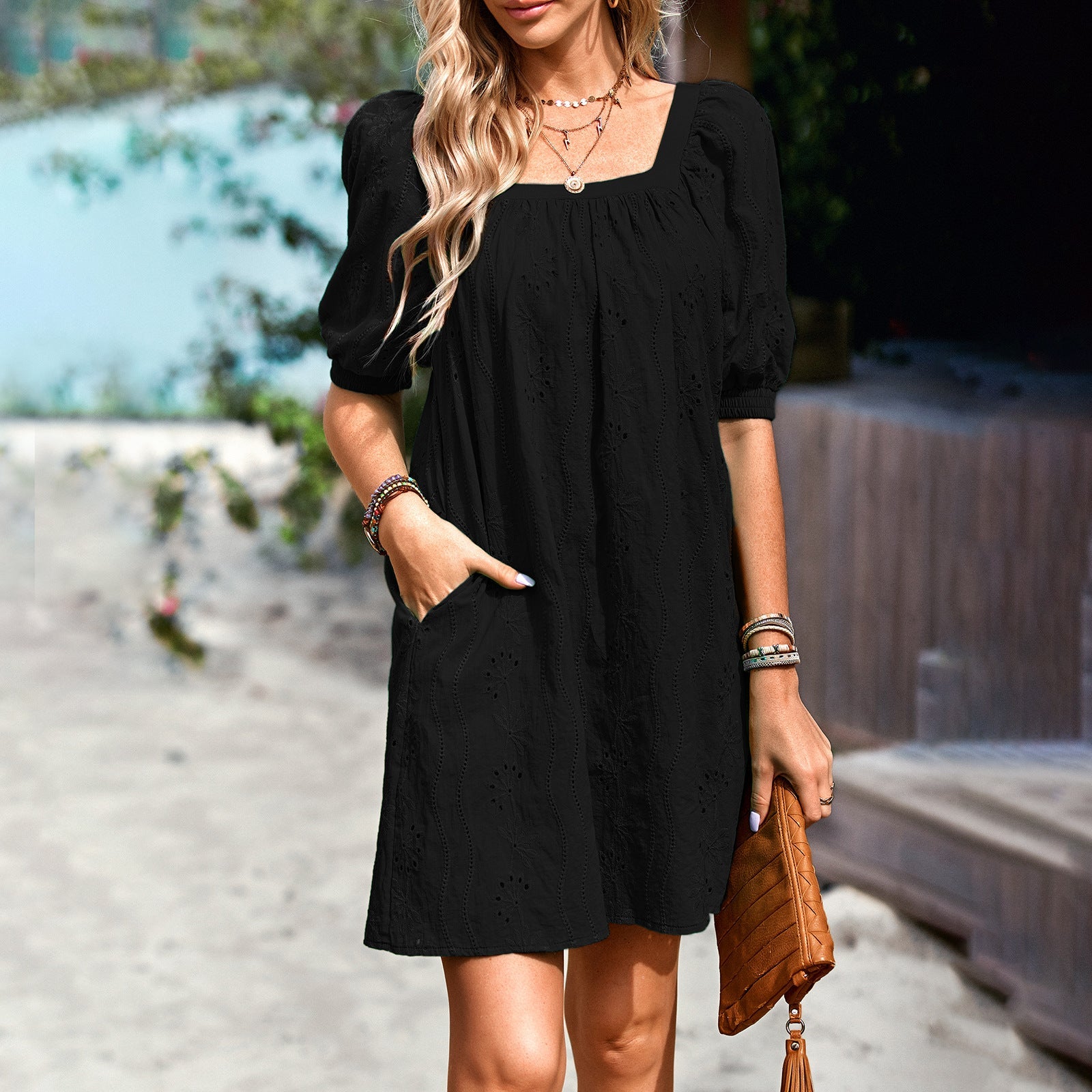 Square Neckline Hollow Dress