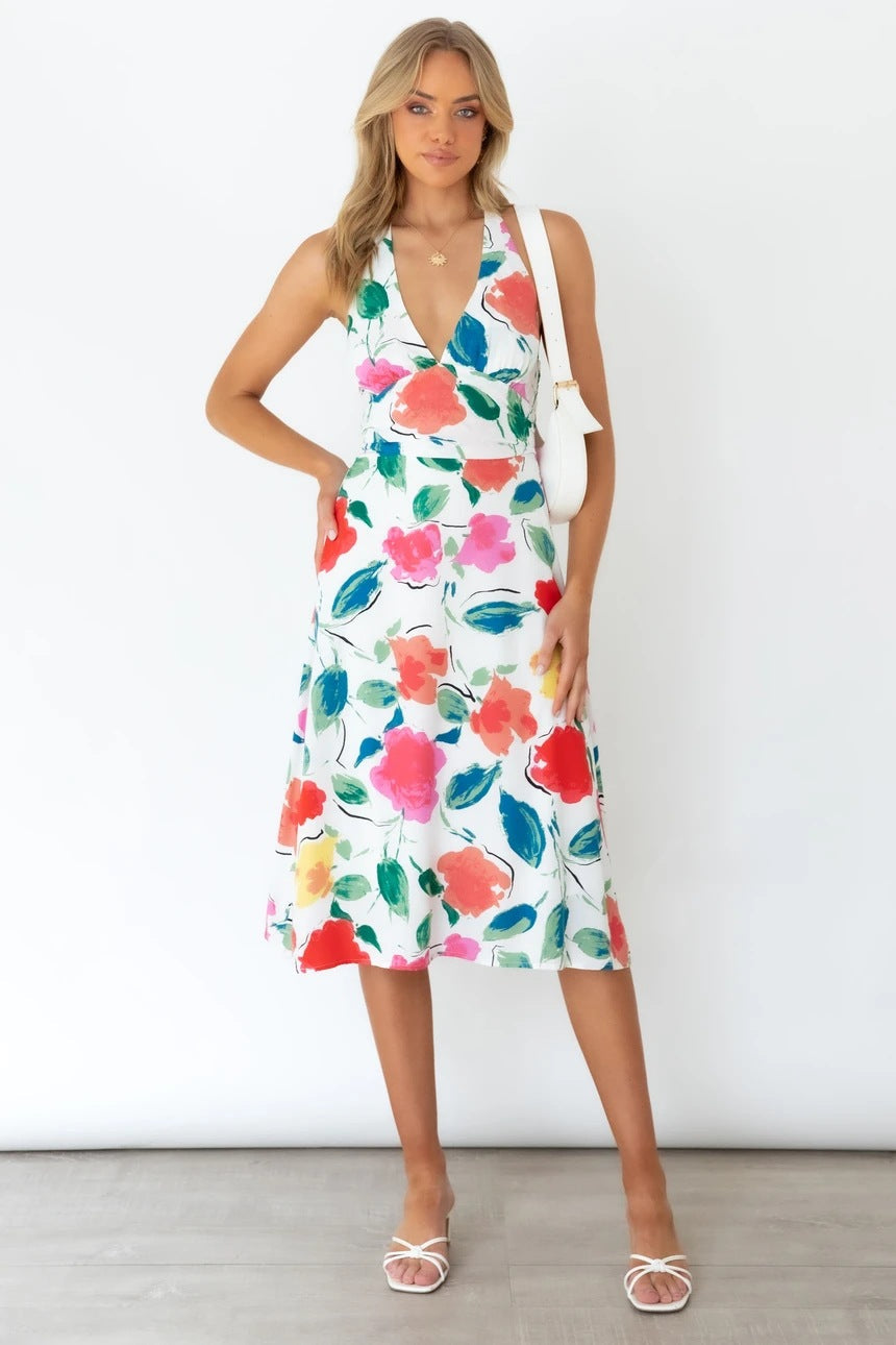 Floral Strap Sleeveless V Neck A line Swing Casual Dress