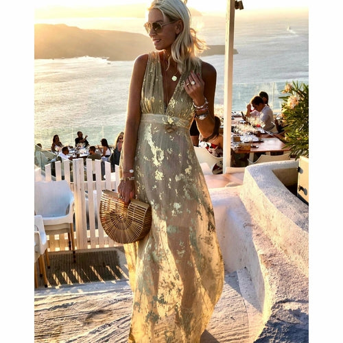 Sexy V-neck Gold Foil Dress with A-line Swing Dress