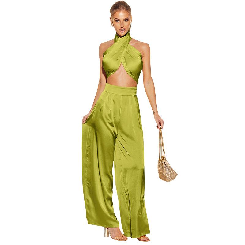 Women's  Sleeveless Crop Top Wide Pants Set 2 Piece Outfits Jumpsuits