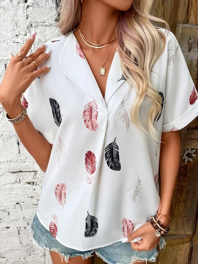 Printed feather shirt Short sleeve shirt