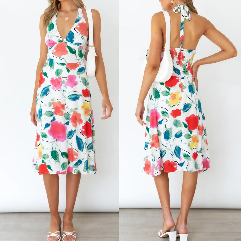 Floral Strap Sleeveless V Neck A line Swing Casual Dress