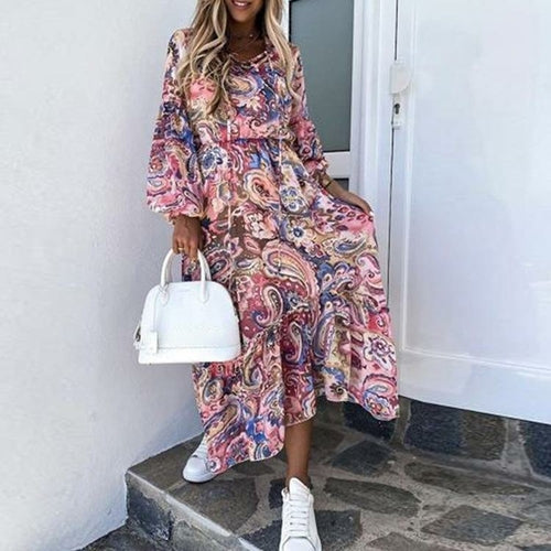 2021 Autumn Lantern Long Sleeve Floral Print Dress Women