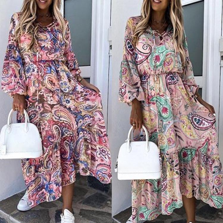 2021 Autumn Lantern Long Sleeve Floral Print Dress Women