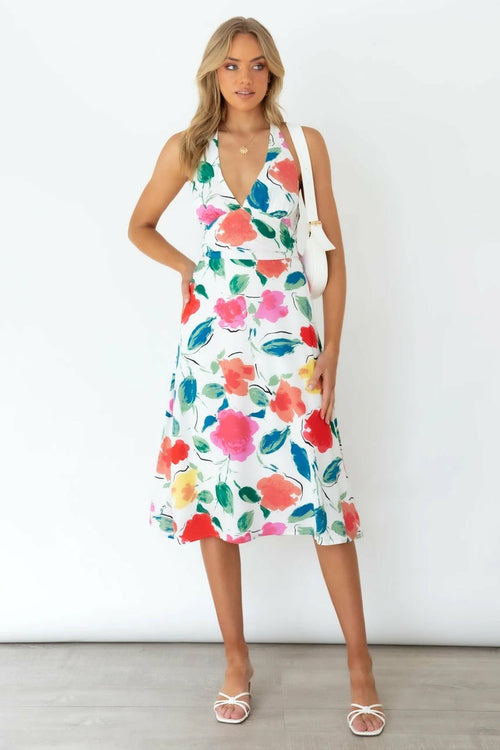 Floral Strap Sleeveless V Neck A line Swing Casual Dress