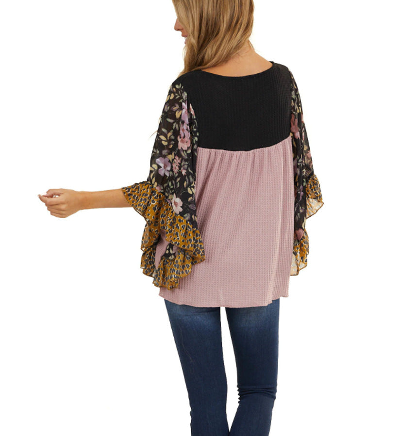 Batwing Sleeve Printed Color Block Waffle Top