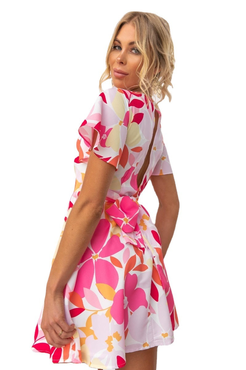 Women's Floral Print Wrap V Neck A Line Dress