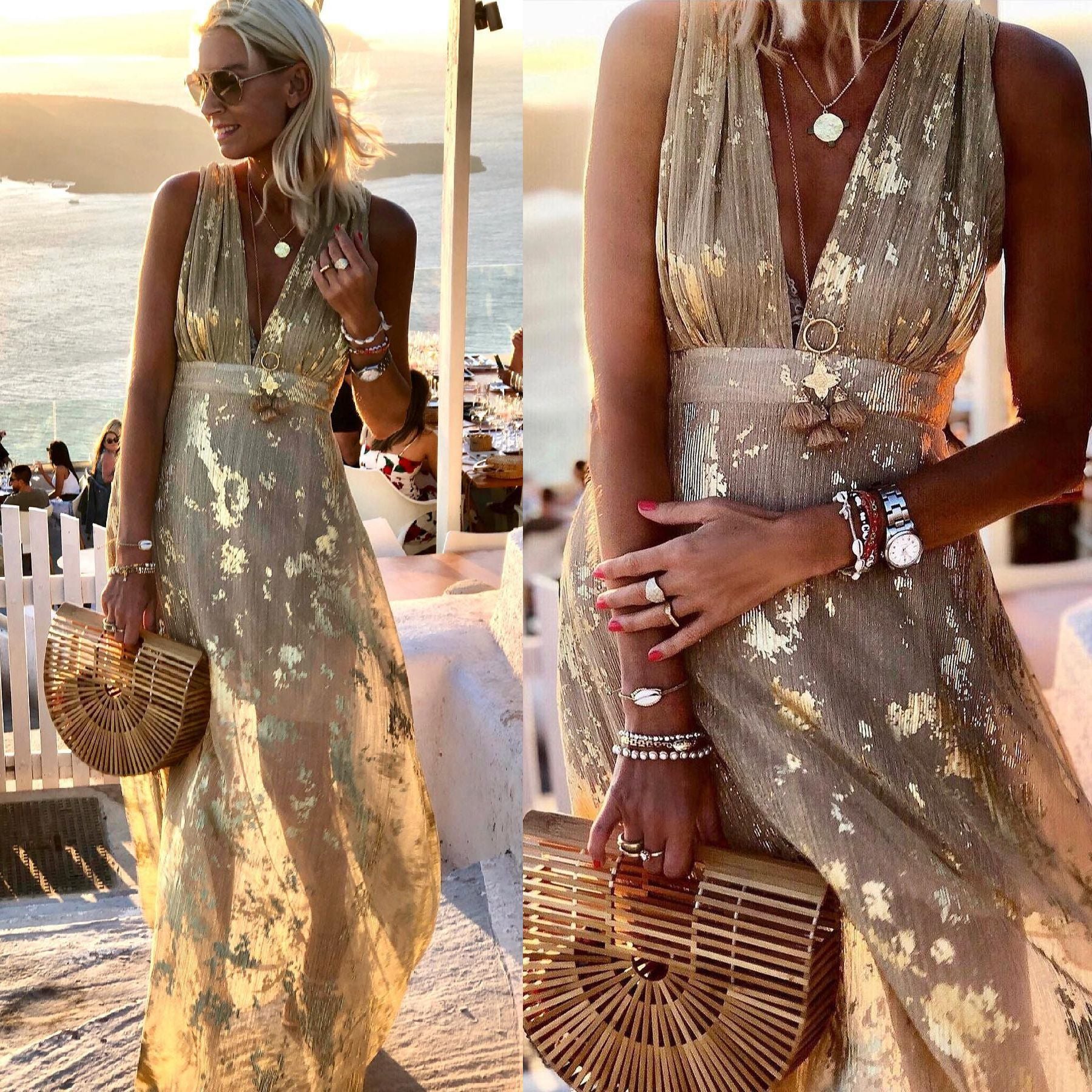 Sexy V-neck Gold Foil Dress with A-line Swing Dress