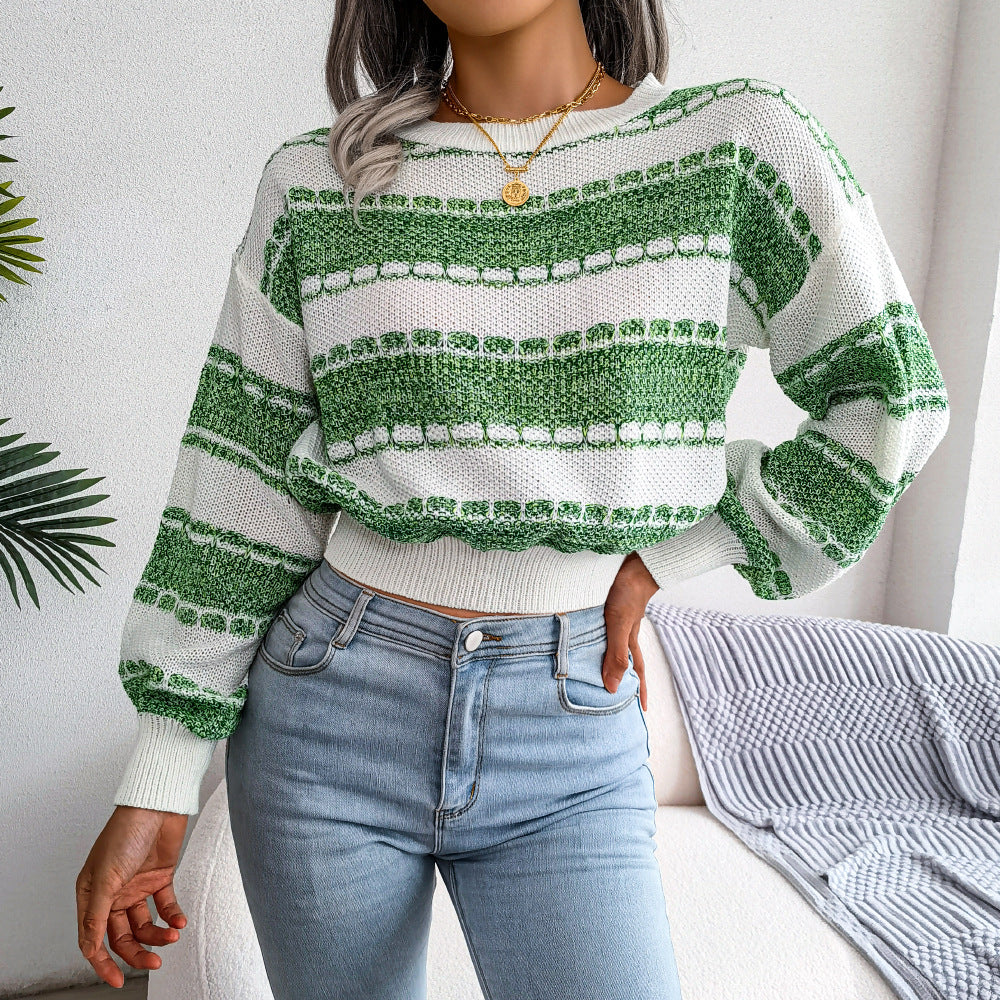 Two-Tone Round Neck Ribbed Trim Cropped Sweater (more color options)