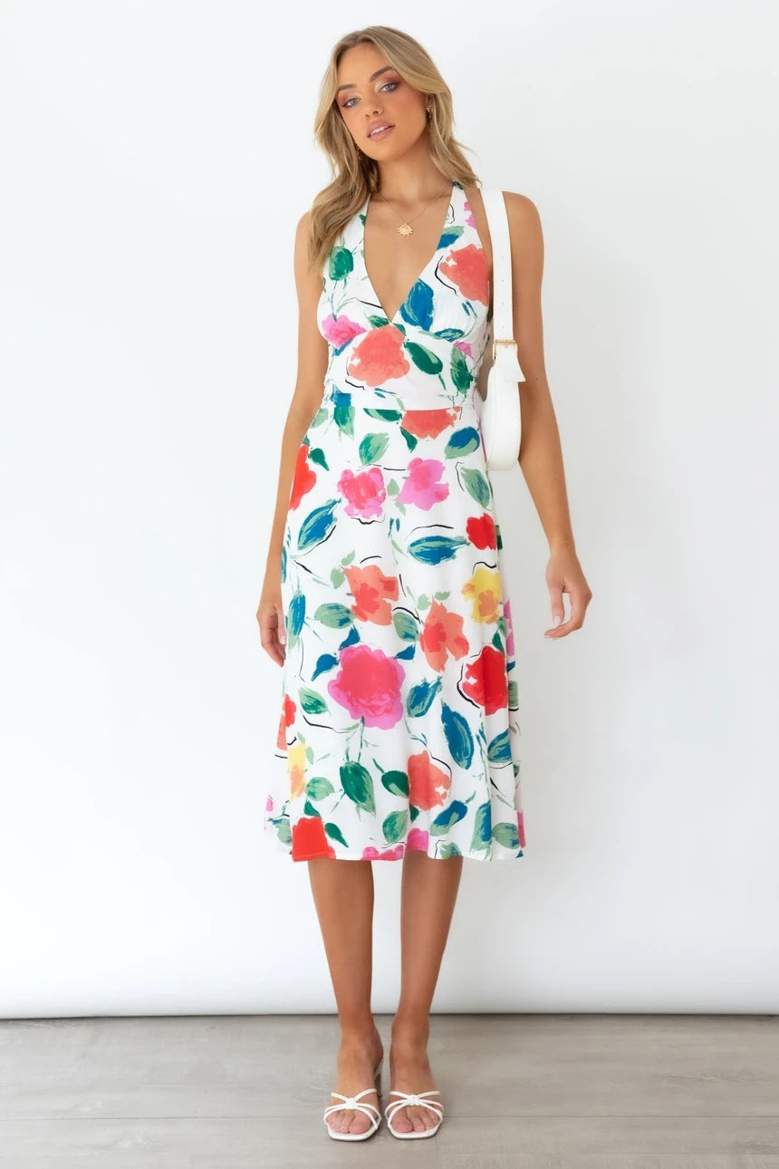 Floral Strap Sleeveless V Neck A line Swing Casual Dress