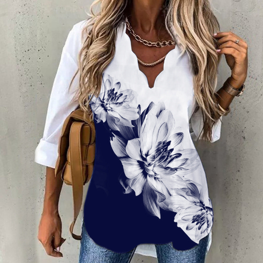 Wave Collar Shirt Printed Long-sleeved Tops