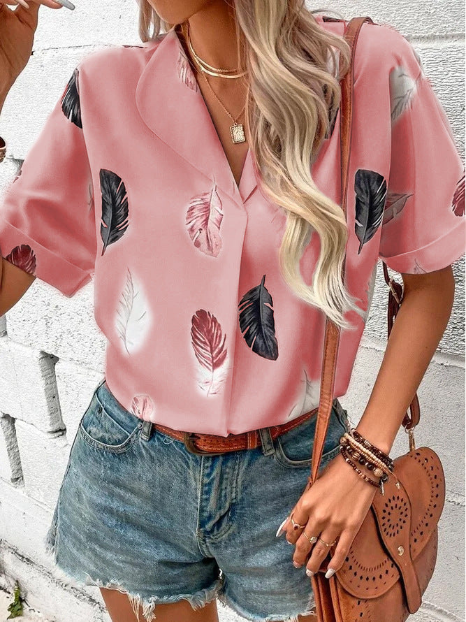 Printed feather shirt Short sleeve shirt