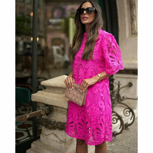 Loose Fit Stand Collar Mid-sleeve Casual Lace Dress