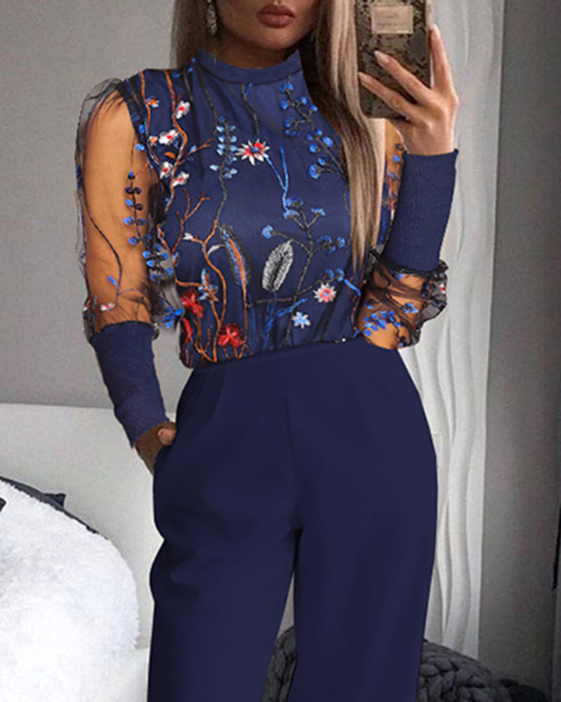 Sheer Mesh Floral Long Sleeve Patchwork Jumpsuit