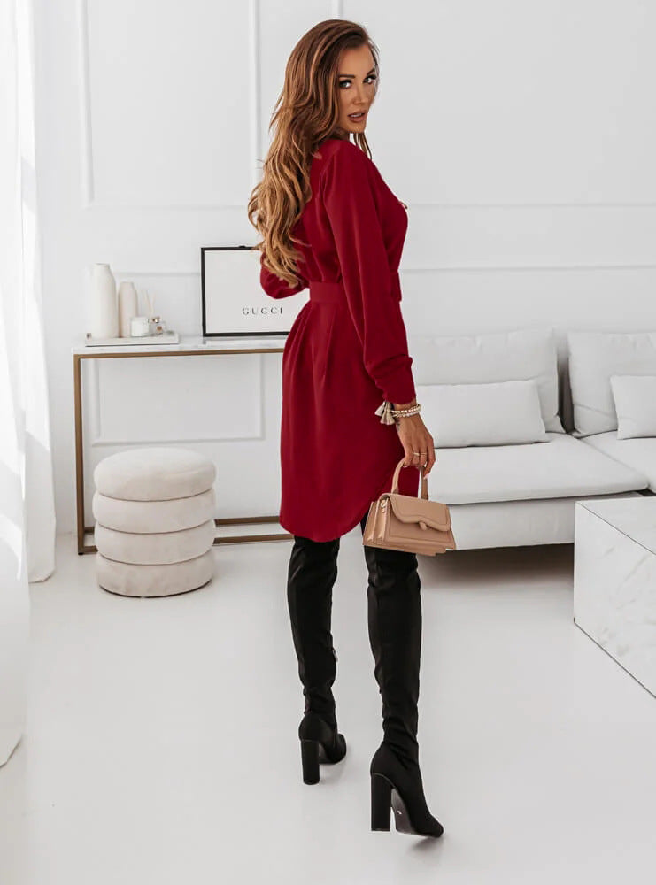 Belted Slim Fit Long Sleeve Turn-Down Collar Dress